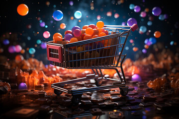 Aufkleber - An image featuring a glowing shopping cart icon surrounded by vibrant lights against a black background,  Generative AI technology.