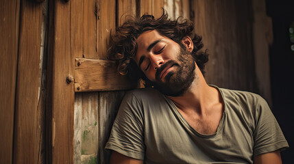 a man sleeps exhausted and leans his head against a wall.