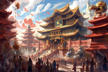Aufkleber - A genie stands before a grand palace in a mythical land, its presence enhancing the opulence and grandeur of its  Generative AI technology.