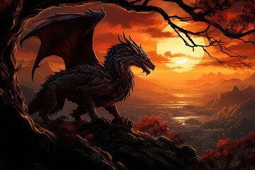 Poster - Silhouette at Sunset: A scene featuring the dragon's silhouette against a vibrant sunset,  Generative AI technology.
