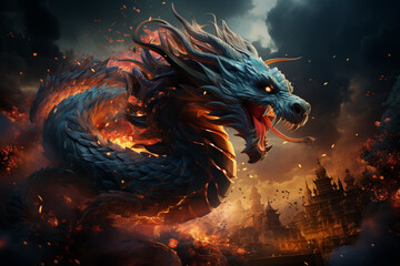 Poster - Fireworks Spectacle: An image of the dragon leaping through a sky filled with dazzling fireworks, creating a mesmerizing display of light and movement. Generative AI technology.