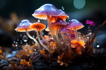 Leinwandbilder - bunch mushrooms color light in the tree, Macro Photography  Generative AI technology.