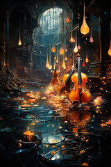 Fototapete - An abstract image of musical notes floating in the air, creating a sense of harmony and rhythm.  Generative AI technology.