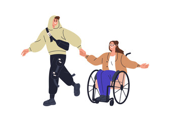 Happy love couple, man and woman in wheelchair. Person with disability in romantic relationships. Young enamored people, girl in wheel chair. Flat vector illustration isolated on white background