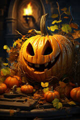 Fototapete - A lively cartoon jack-o'-lantern with animated features, winking and sticking out its tongue.  Generative AI technology.