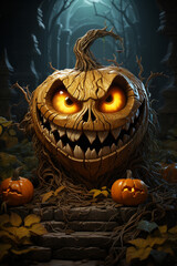 Fototapete - A lively cartoon jack-o'-lantern with animated features, winking and sticking out its tongue.  Generative AI technology.