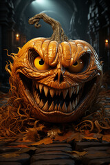 Fototapete - A lively cartoon jack-o'-lantern with animated features, winking and sticking out its tongue.  Generative AI technology.