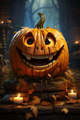 Fototapete - A lively cartoon jack-o'-lantern with animated features, winking and sticking out its tongue.  Generative AI technology.