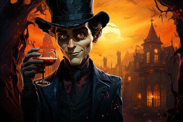 Aufkleber - A whimsical cartoon vampire wearing a dapper suit and a monocle, raising a glass of red punch.  Generative AI technology.