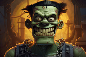 Aufkleber - A cartoony cartoon Frankenstein's monster with bolts in its neck and a big, friendly smile.  Generative AI technology.