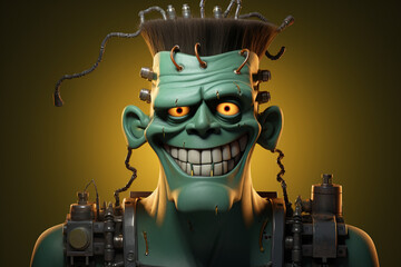Fototapete - A cartoony cartoon Frankenstein's monster with bolts in its neck and a big, friendly smile.  Generative AI technology.