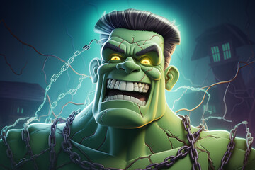 Fototapete - A cartoony cartoon Frankenstein's monster with bolts in its neck and a big, friendly smile.  Generative AI technology.