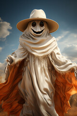 Fototapete - A grinning cartoon ghost wearing sunglasses and a trendy hat, embodying a hip and modern spirit.  Generative AI technology.