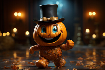 Fototapete - A joyful cartoon pumpkin with a top hat, cane, and a bowtie, dancing a festive jig.  Generative AI technology.