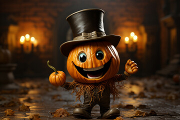 Fototapete - A joyful cartoon pumpkin with a top hat, cane, and a bowtie, dancing a festive jig.  Generative AI technology.