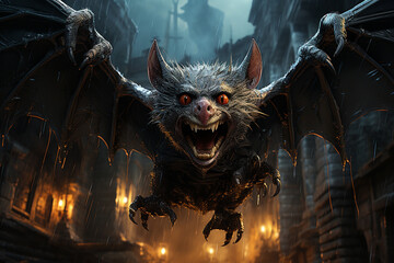 Fototapete - A cartoon vampire bat with wide wings outstretched, showing sharp fangs and big, expressive eyes. Generative AI technology.