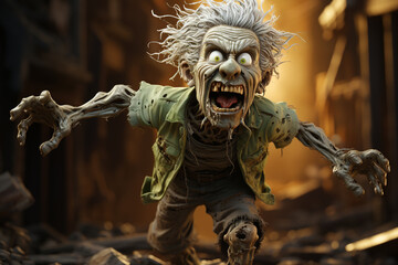 Fototapete - A comical cartoon zombie with mismatched eyes and a goofy grin, reaching out with its arms in a lurching pose. Generative AI technology.