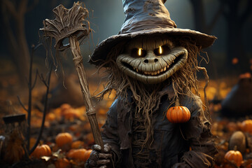 Fototapete - A funny cartoon scarecrow with floppy hat and patched clothing, leaning on a rake with a lopsided grin. Generative AI technology.