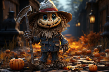 Poster - A funny cartoon scarecrow with floppy hat and patched clothing, leaning on a rake with a lopsided grin. Generative AI technology.