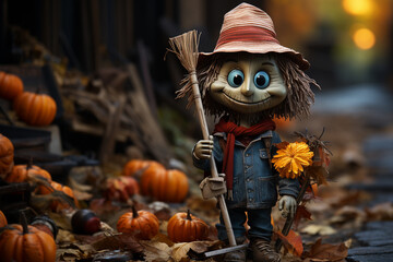 Poster - A funny cartoon scarecrow with floppy hat and patched clothing, leaning on a rake with a lopsided grin. Generative AI technology.