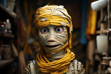 Fototapete - A whimsical cartoon mummy with unraveling bandages, peeking out with a curious expression from its wrappings.  Generative AI technology.