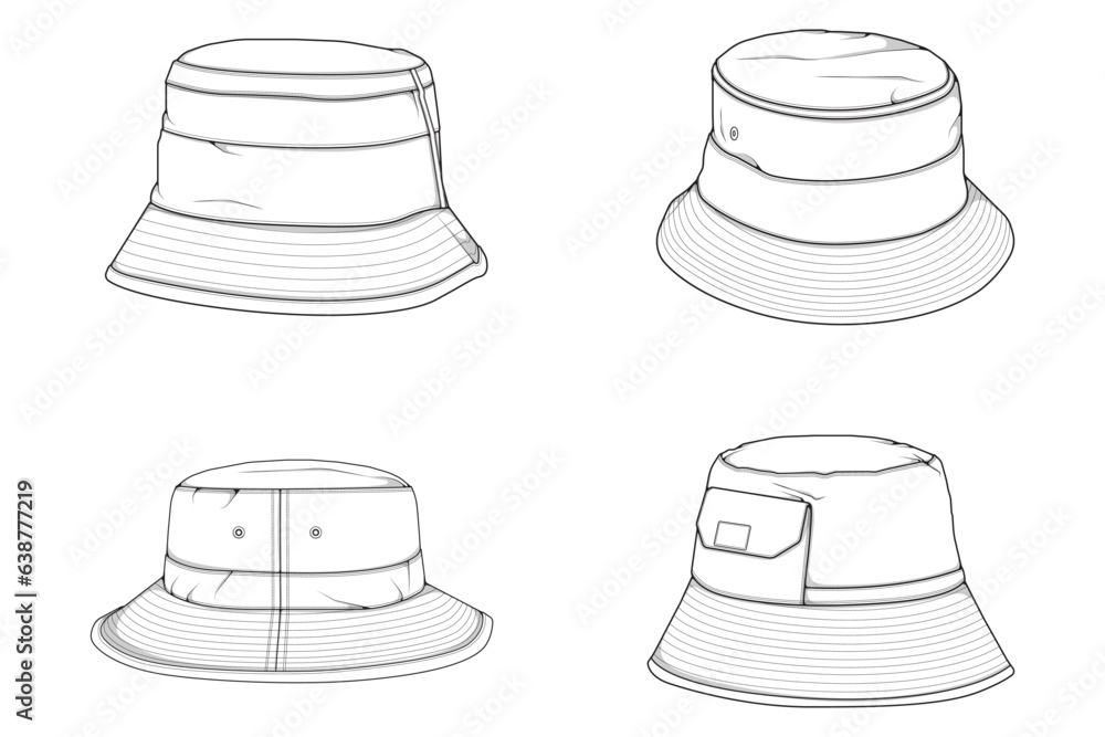 set of bucket hat outline drawing vector, bucket hat in a sketch style ...