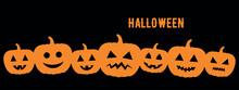 Halloween Stencil, Line Of Pumpkin Lanterns, Carved Pumpkins In A Row, Vector Decorative Element