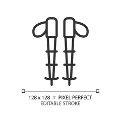 Poster - 2D pixel perfect black hiking poles icon, isolated vector, editable hiking gear thin line illustration.