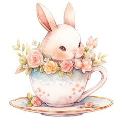 Wall Mural - Cute cartoon bunny sitting in a tea cup with flowers. Funny rabbit character design. Spring easter concept. Valentine's Day greeting card. Watercolor illustration isolated on white background