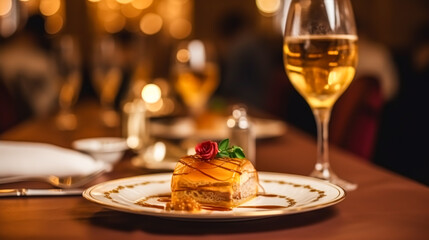 Wall Mural - Luxury food service, appetisers and desserts served at a restaurant or formal dinner event in classic English style in the luxurious hotel or country estate, generative ai