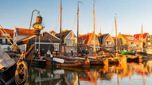 Urk Flevoland Netherlands Sunset At The Harbor Of Urk Holland. Traditional Fishing Village Urk. Beautiful Sunset During The Evening
