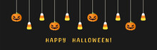 Happy Halloween Border Banner With Candy Corn And Jack O Lantern Pumpkins Hanging From Spider Webs. Spooky Ornaments Decoration Vector Illustration, Trick Or Treat Party Invitation