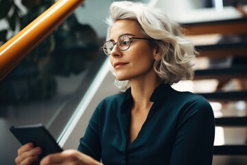 Mature business professional using a tablet for work, sitting on the stairs in his office