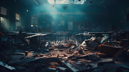 Destroyed school after being hit by a bomb. War concept
