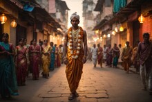 Religious Man Walking In The Street Of India