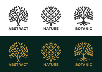 Tree logo or icon set. Modern eco, organic, nature symbol. Abstract plant, leaf, tree of life emblem design. Vector illustration.