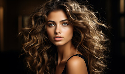 Elegant Woman with Sophisticated Makeup and Long Curly Hair