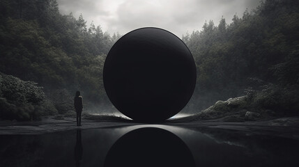 Wall Mural - A person standing in front of a big black sphere in a dark forest