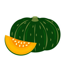 Kabocha Squash Whole Vegetable And Slice Isolated On White Background. Cucurbita Maxima. Japanese Pumpkin Icon. Vector Illustration Of Vegetables In Flat Style.