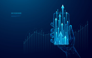 Leinwandbilder - Abstract growing arrow up on smartphone screen. Human person holding a phone with hologram of boosting arrows or graph chart. Acceleration of digital and Internet processes. Low poly wireframe vector