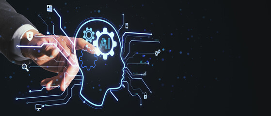 Wall Mural - Close up of man hand pointing at glowing head outline with ai circuit and other icons on wide black background with mock up place. Artificial intelligence and chat gpt concept.