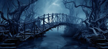 Spooky Halloween Gothic Background With Moon And Dark Magic Spooky Forest Whit Bridge At Night. Mystery Halloween Design With Copyspace. Dark Horror Background. Celebration Theme. Digital Ai
