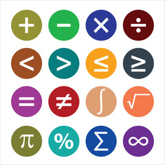 math's symbols color circle icons, vector illustration. simple icons colorful math symbols