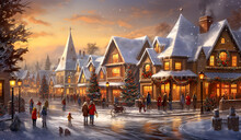 Christmas Village With Snow In Vintage Style. Winter Village Landscape. Christmas Holidays. Christmas Card. Digital Ai