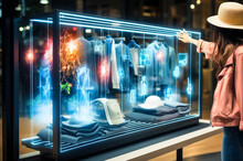 Woman Using Holographic Display With Virtual Augmented Reality To Choose Clothes And Change Their Color: A Virtual Fashion Concept