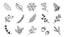 Set Of Christmas Florals. Festive Black Outline Decorative Leaves, Flowers And Branches. Hand Drawn Modern Vector Isolated Clipart