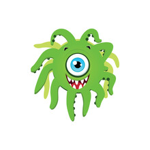 Funny Green Monster. Cartoon Illustration Of A Laughing One-eyed Monster With Tentacles Isolated On A White Background. Vector 10 EPS.
