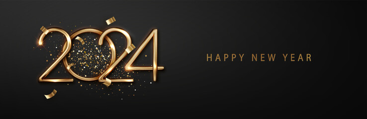 Wall Mural - 2024 Welcome New Year with vibrant background design with falling confetti and glitter. Perfect for Christmas greeting cards, banners, and posters. Realistic creative vector illustration.