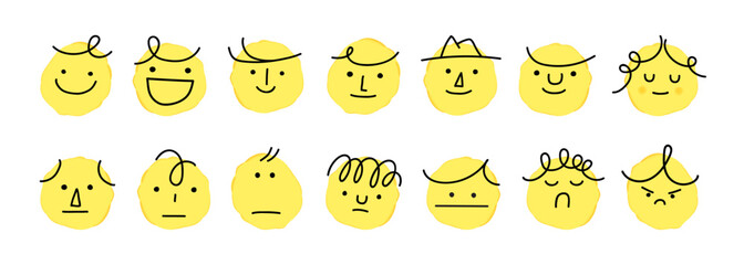 Round abstract comic Faces with various Emotions. Crayon drawing style. Different colorful characters. Cartoon style. Flat design