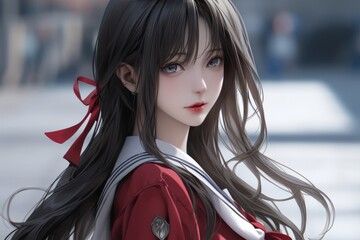 Anime girl on uniform 3d render outdoor generative ai